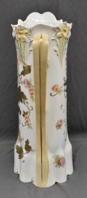 R.S. Prussia Lily Mold 15" tankard, pink roses/ heavy enameled gold leaves - 3