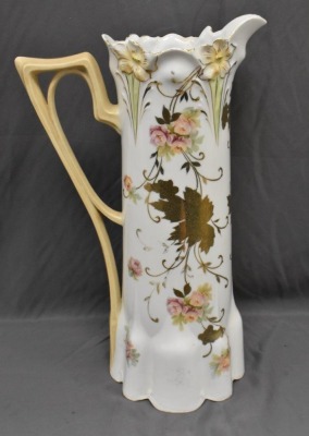 R.S. Prussia Lily Mold 15" tankard, pink roses/ heavy enameled gold leaves - 4