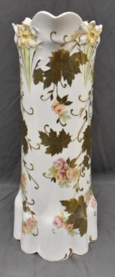 R.S. Prussia Lily Mold 15" tankard, pink roses/ heavy enameled gold leaves - 5