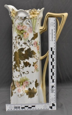 R.S. Prussia Lily Mold 15" tankard, pink roses/ heavy enameled gold leaves - 8