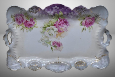 R.S. Prussia tray, pink and white roses, 11.5" x 7.5", red mark