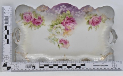 R.S. Prussia tray, pink and white roses, 11.5" x 7.5", red mark - 7