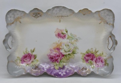 R.S. Prussia tray, pink and white roses, 11.5" x 7.5", red mark - 8