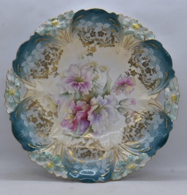 R.S. Prussia Lily Mold 10"d cake plate, floral center, circle mold mark - 3