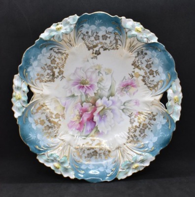 R.S. Prussia Lily Mold 10"d cake plate, floral center, circle mold mark - 7