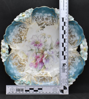 R.S. Prussia Lily Mold 10"d cake plate, floral center, circle mold mark - 8