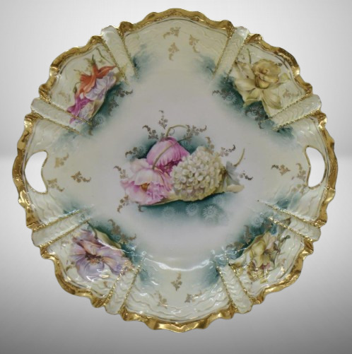 R.S. Prussia Mold 259 11"d cake plate, pink poppies and snowball, red mark