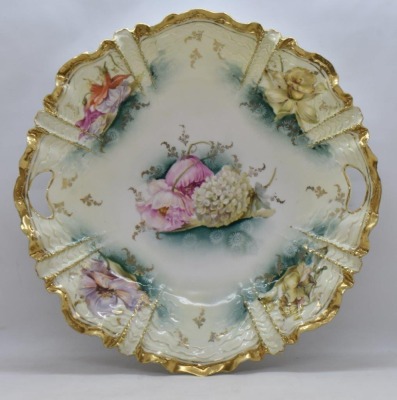 R.S. Prussia Mold 259 11"d cake plate, pink poppies and snowball, red mark - 3