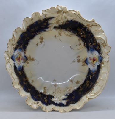 R.S. Prussia 10.5"d bowl w/ wide cobalt inner border, circle mold mark - 4