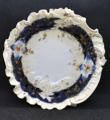 R.S. Prussia 10.5"d bowl w/ wide cobalt inner border, circle mold mark - 9