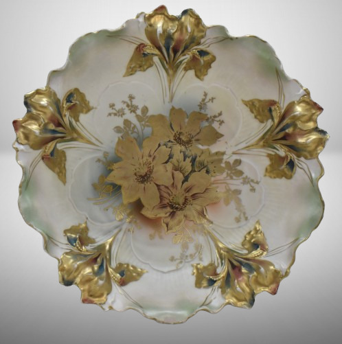 R.S. Prussia Iris Mold 9.25"d bowl, gold shadow flowers center, heavy gold Irises with Tiffany finish, red mark