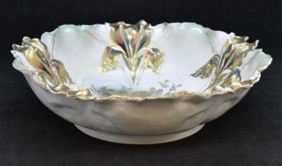 R.S. Prussia Iris Mold 9.25"d bowl, gold shadow flowers center, heavy gold Irises with Tiffany finish, red mark - 2