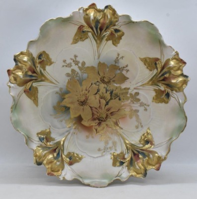 R.S. Prussia Iris Mold 9.25"d bowl, gold shadow flowers center, heavy gold Irises with Tiffany finish, red mark - 4