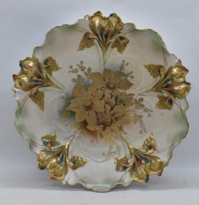 R.S. Prussia Iris Mold 9.25"d bowl, gold shadow flowers center, heavy gold Irises with Tiffany finish, red mark - 5