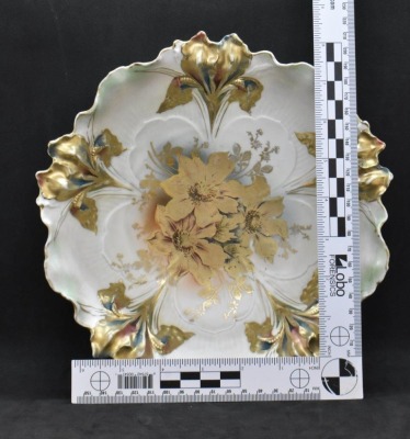 R.S. Prussia Iris Mold 9.25"d bowl, gold shadow flowers center, heavy gold Irises with Tiffany finish, red mark - 7