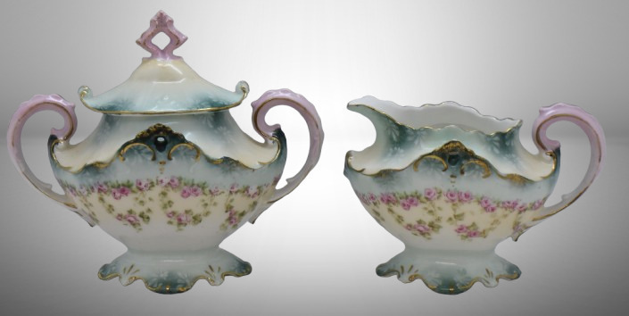 R.S. Prussia creamer and cov. sugar, garlands of dainty pink roses