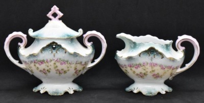 R.S. Prussia creamer and cov. sugar, garlands of dainty pink roses - 2