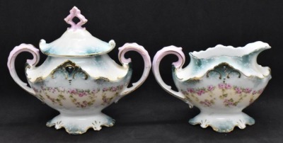 R.S. Prussia creamer and cov. sugar, garlands of dainty pink roses - 4