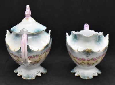 R.S. Prussia creamer and cov. sugar, garlands of dainty pink roses - 5