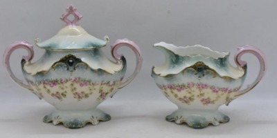 R.S. Prussia creamer and cov. sugar, garlands of dainty pink roses - 9