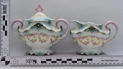 R.S. Prussia creamer and cov. sugar, garlands of dainty pink roses - 11