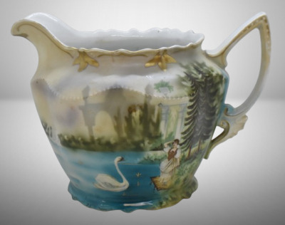 Handpainted porcelain 6.5"h cider/ lemonade pitcher, Swans on Lake/ woman standing on dock peering in distance