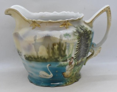 Handpainted porcelain 6.5"h cider/ lemonade pitcher, Swans on Lake/ woman standing on dock peering in distance - 2