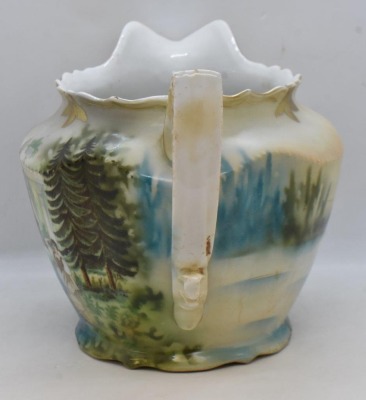 Handpainted porcelain 6.5"h cider/ lemonade pitcher, Swans on Lake/ woman standing on dock peering in distance - 3