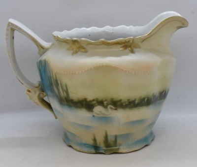 Handpainted porcelain 6.5"h cider/ lemonade pitcher, Swans on Lake/ woman standing on dock peering in distance - 4