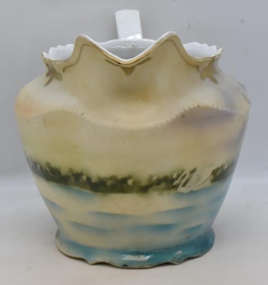 Handpainted porcelain 6.5"h cider/ lemonade pitcher, Swans on Lake/ woman standing on dock peering in distance - 5