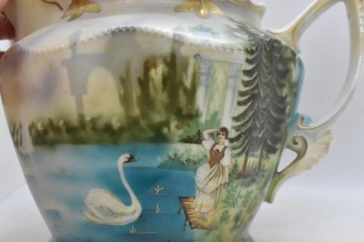 Handpainted porcelain 6.5"h cider/ lemonade pitcher, Swans on Lake/ woman standing on dock peering in distance - 6