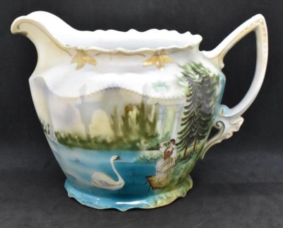 Handpainted porcelain 6.5"h cider/ lemonade pitcher, Swans on Lake/ woman standing on dock peering in distance - 8