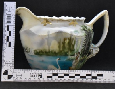 Handpainted porcelain 6.5"h cider/ lemonade pitcher, Swans on Lake/ woman standing on dock peering in distance - 9