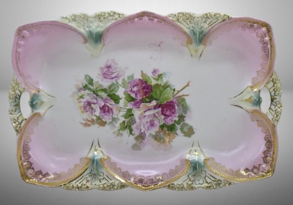 R.S. Prussia Point and Clover Mold tray, 11.5" x 7.5", pink roses, red mark