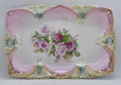 R.S. Prussia Point and Clover Mold tray, 11.5" x 7.5", pink roses, red mark - 3