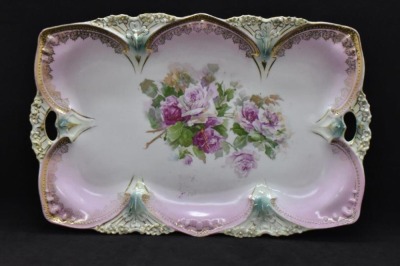 R.S. Prussia Point and Clover Mold tray, 11.5" x 7.5", pink roses, red mark - 6