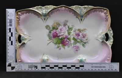 R.S. Prussia Point and Clover Mold tray, 11.5" x 7.5", pink roses, red mark - 7