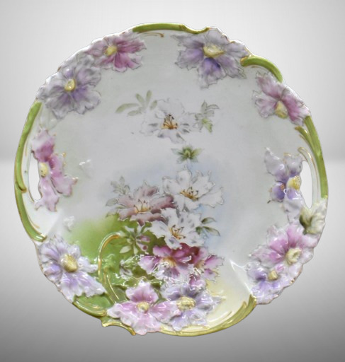 R.S. Prussia 11"d cake plate, floral decoration and blown-out border mold, circle mold mark