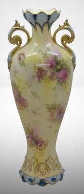 Mrkd. Royal Vienna Germany 11.5" vase, soft pink roses