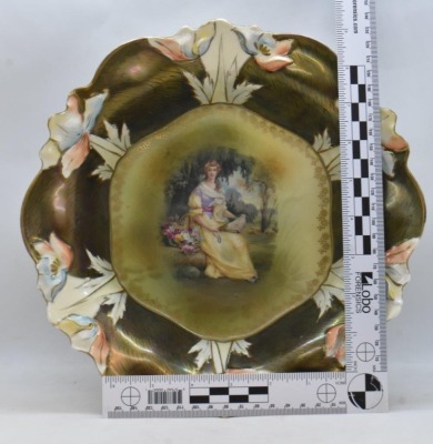 R.S. Prussia 10.5" bowl, Steeple Mold 2, Lady w/ fan, Steeple Mark 3 - 8