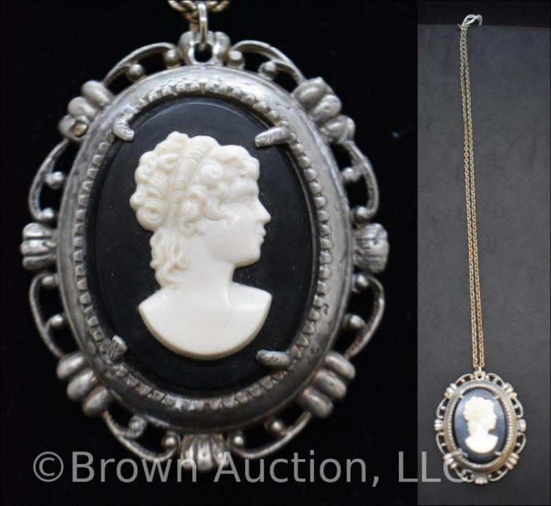 Vintage lady cameo necklace/ brooch, black background, silver frame