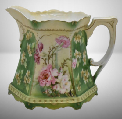 R.S. Prussia Mold 577 6.5"h cider/ lemonade pitcher, pink flowers w/ enamelled stems, red mark