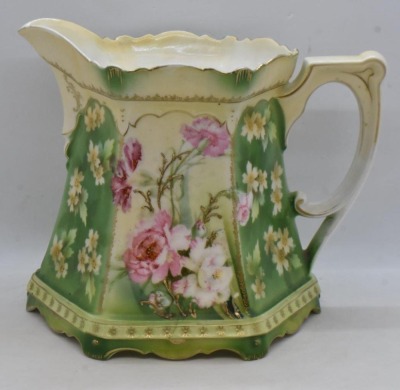 R.S. Prussia Mold 577 6.5"h cider/ lemonade pitcher, pink flowers w/ enamelled stems, red mark - 2