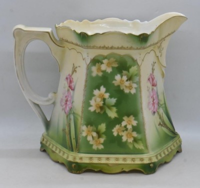 R.S. Prussia Mold 577 6.5"h cider/ lemonade pitcher, pink flowers w/ enamelled stems, red mark - 4