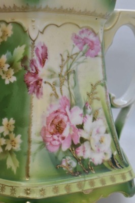 R.S. Prussia Mold 577 6.5"h cider/ lemonade pitcher, pink flowers w/ enamelled stems, red mark - 6