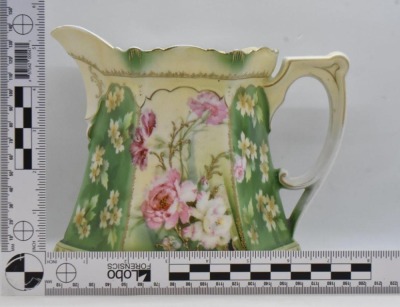 R.S. Prussia Mold 577 6.5"h cider/ lemonade pitcher, pink flowers w/ enamelled stems, red mark - 10