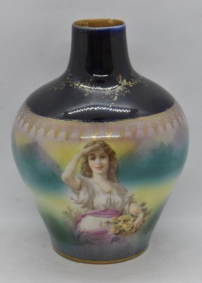 Royal Bayreuth 6"h vase w/ cobalt top, woman peering into distance, blue mark - 2