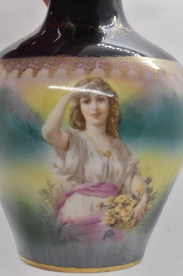 Royal Bayreuth 6"h vase w/ cobalt top, woman peering into distance, blue mark - 7