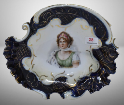 Handpainted porcelain portrait cobalt tray, 7.25" x 6"