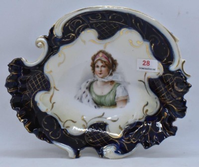 Handpainted porcelain portrait cobalt tray, 7.25" x 6" - 4